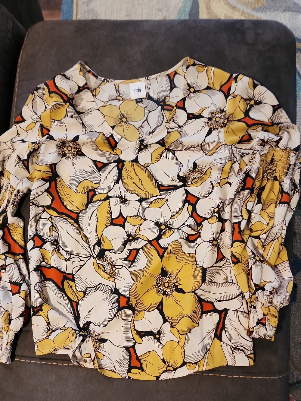 CAbi Yellow, White & Black Floral Blouse